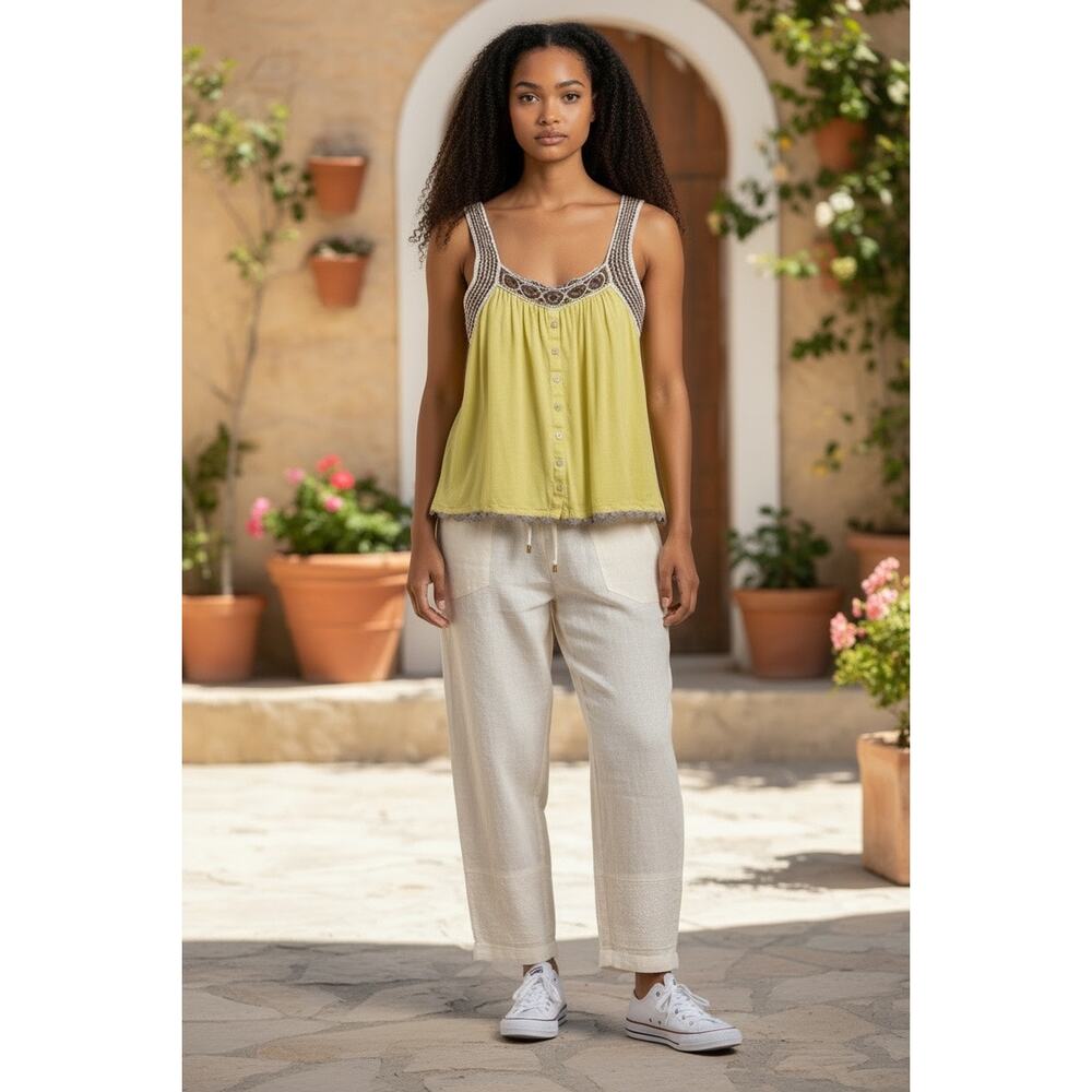 Anthropologie C.Keer Sz M Boho Tank Top with Crochet Straps Scalloped Trim